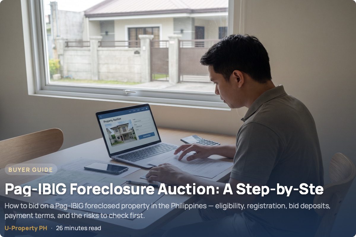 A Filipino property buyer reviews auction documents and an online property listing on a laptop while evaluating a residential home before submitting a bid.