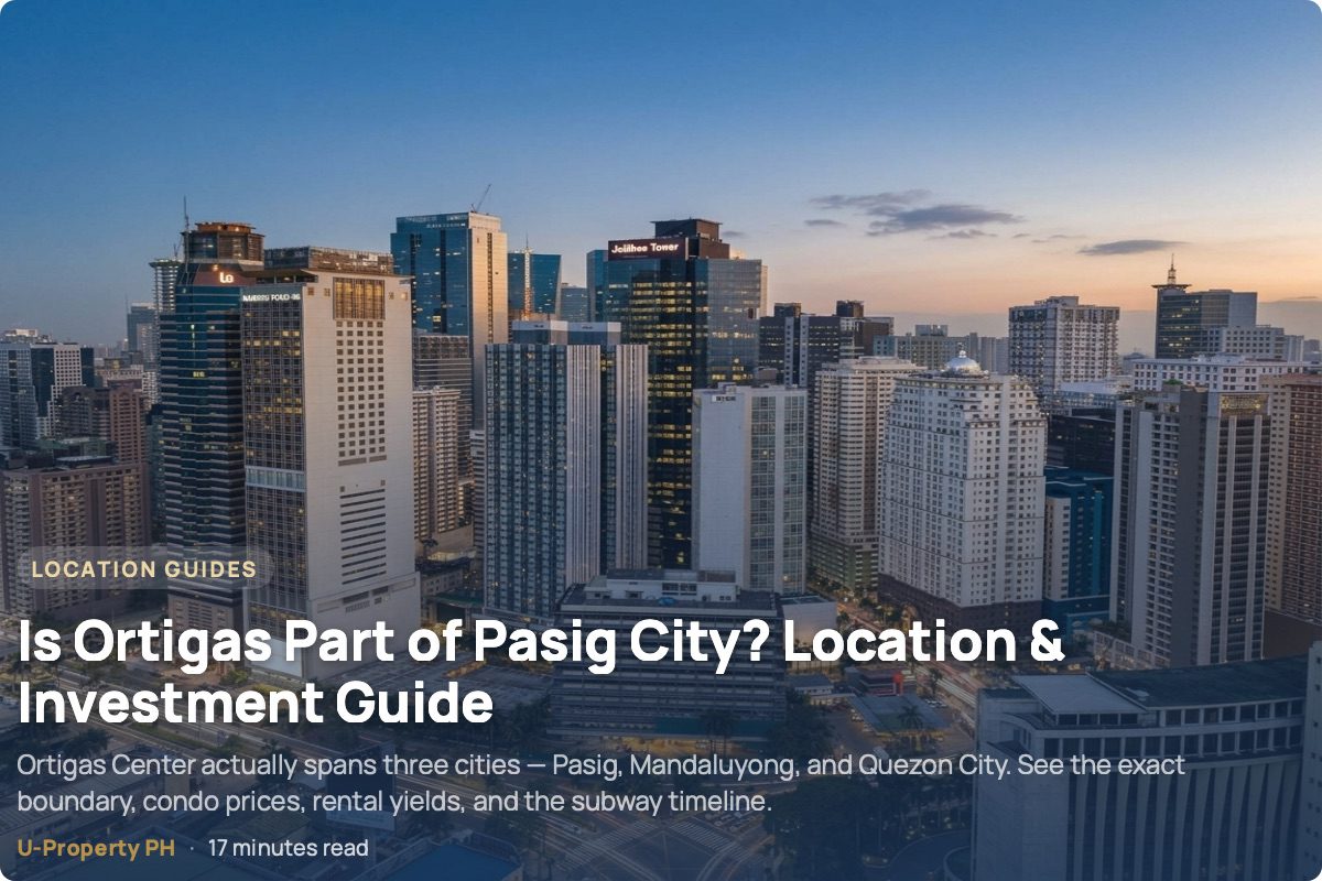 Is Ortigas Part of Pasig City? Location & Investment Guide 1 An aerial view of Ortigas Center in Pasig City at blue hour, featuring illuminated office towers, modern skyscrapers, busy roads with light trails, and a vibrant skyline that highlights the district as one of Metro Manila's leading financial and commercial hubs.