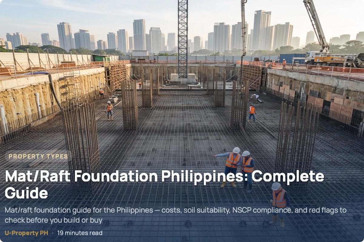 Mat/Raft Foundation Philippines: Complete Guide 2026 2 An elevated drone view looking down into a large excavation for a building foundation where workers inspect a dense rebar grid. The photograph, taken from above at an angle, captures a large construction pit with sheer earth walls supported by a timber and concrete wall on one side. The floor of the pit is a massive grid of tied steel reinforcing bars, with thick columns of rebar rising at intervals, ready to support a multi-story building. In the foreground, four workers in high-visibility orange vests and white hard hats are on the rebar; two examine a document and two look out across the site. A concrete pump truck and crane are on the upper ground level at the top right of the frame, and a large crane mast stands in the pit. The upper left and top of the image show the skyline of a large city with many modern high-rise buildings under a clear blue sky. The golden light of late afternoon casts long shadows.