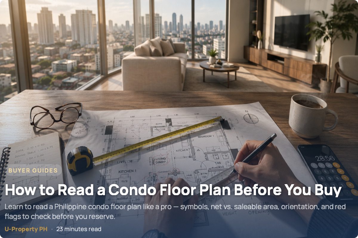 Person reviewing a condominium floor plan with measuring tape, architectural ruler, and notes inside a modern condo overlooking the Metro Manila skyline before making a home-buying decision.