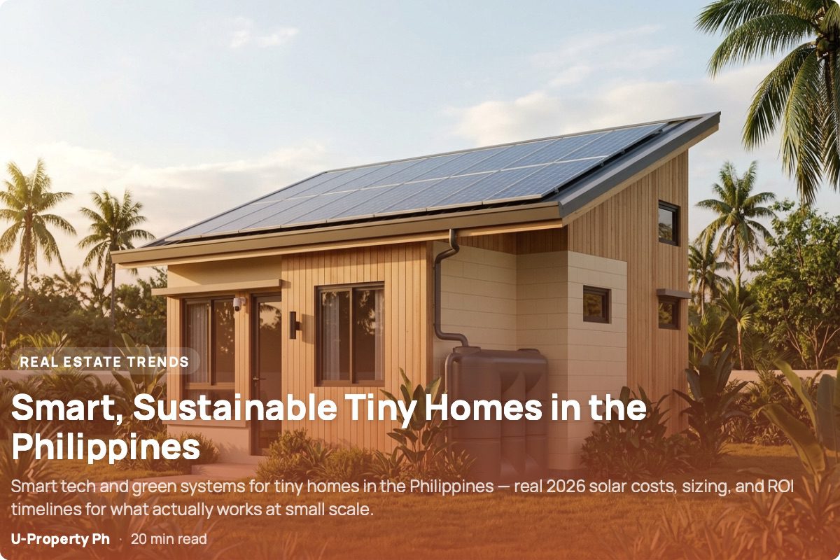 Photorealistic contemporary Philippine tiny home with rooftop solar panels, a rainwater collection tank, and discreet smart-home security features on a lush tropical residential lot.