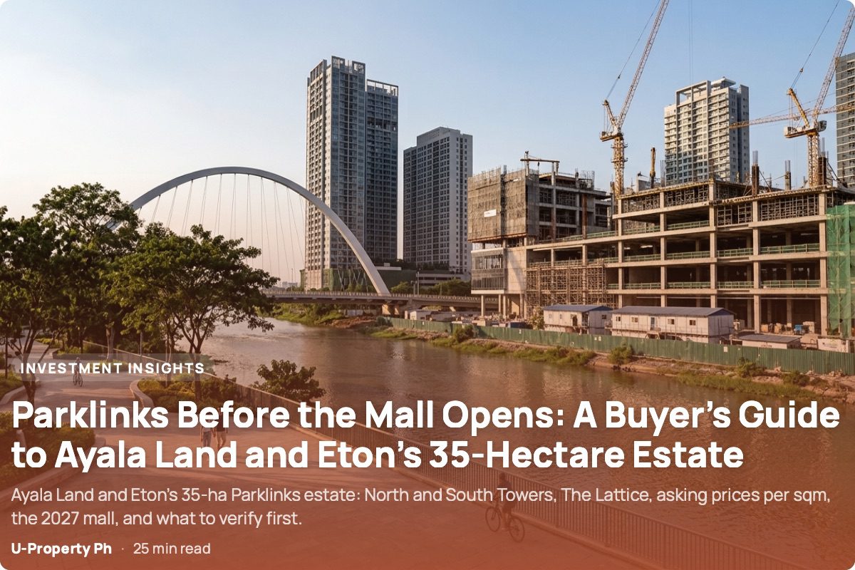 Photorealistic view of Parklinks in Pasig and Quezon City showing landscaped public spaces, residential towers, and the Marikina River before the planned Parklinks Mall opens.