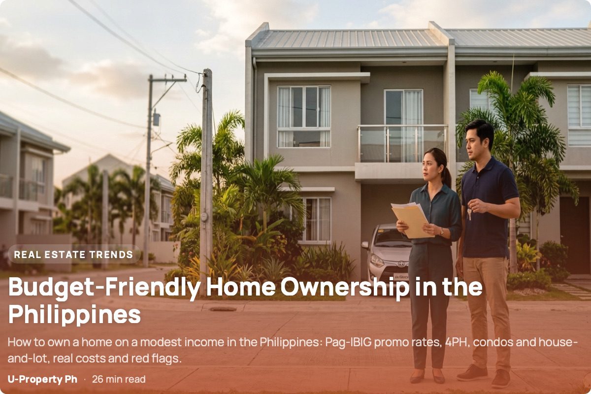 Filipino couple reviewing home-buying finances while standing outside a budget-friendly modern townhouse in a Philippine residential subdivision.