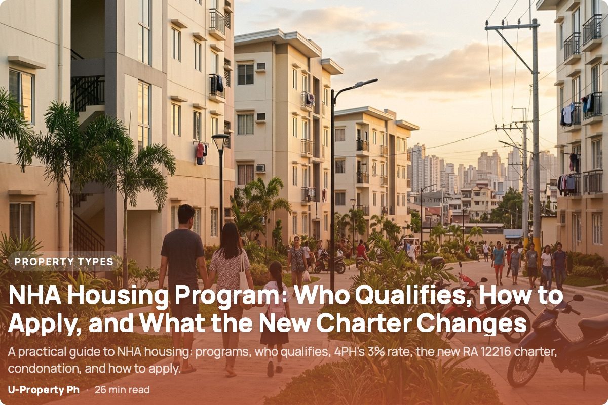 NHA Housing Program 2026: Who Qualifies, How to Apply, and What the New Charter Changes 3 Filipino family walking toward newly completed affordable government housing in a Philippine urban community, illustrating NHA and 4PH housing options in 2026.