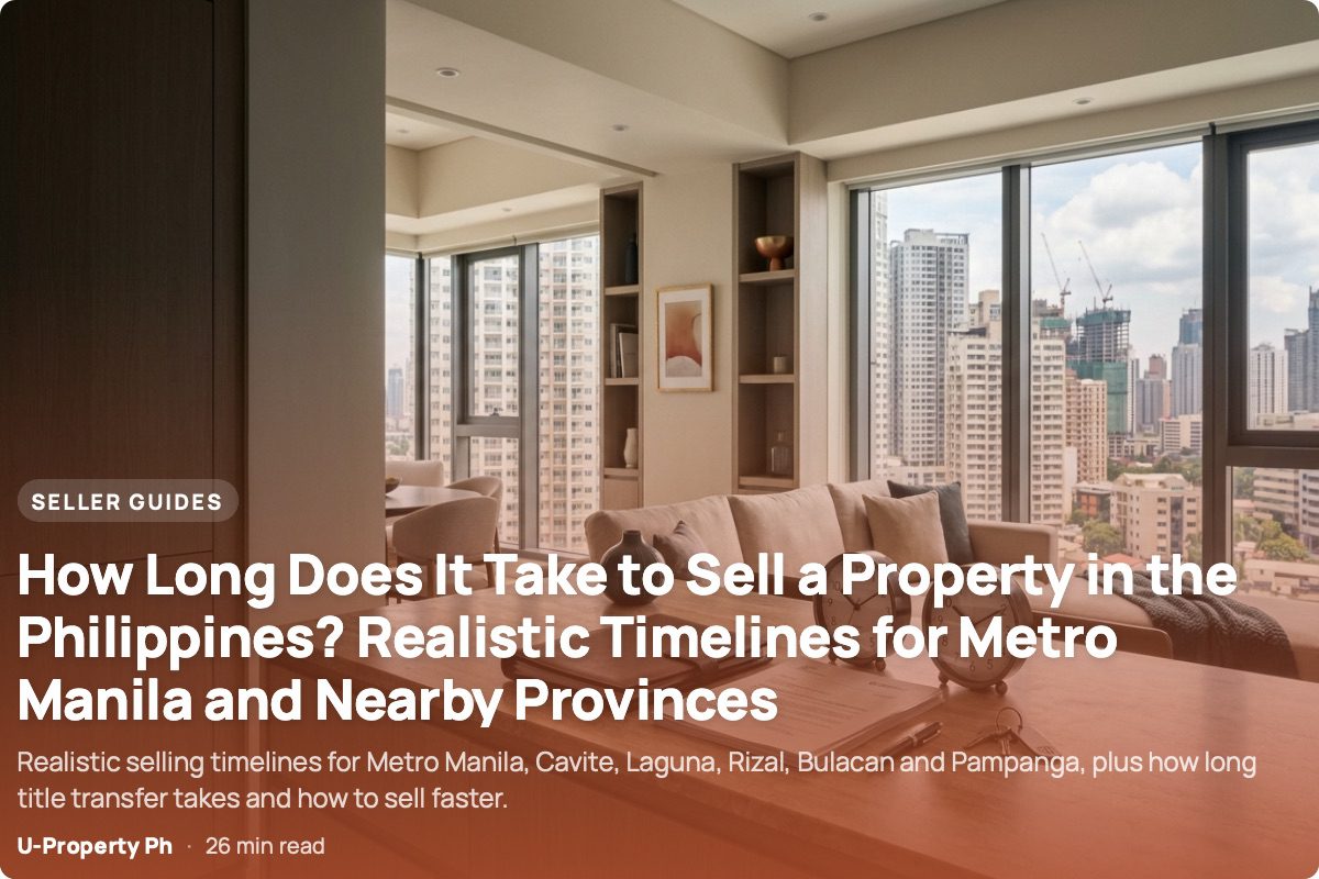 Photorealistic Metro Manila condominium interior with two analog clocks, property-sale documents, keys, and a transaction workspace, illustrating the separate timelines or how long it takes for finding a buyer and completing a property sale.