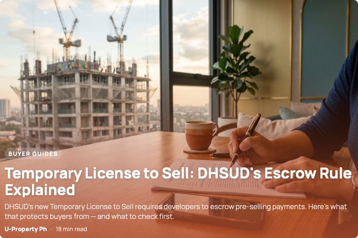 Filipino buyer reviewing a condominium reservation agreement with a construction site in the background, illustrating due diligence for a Temporary License to Sell project.
