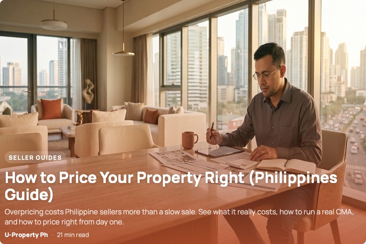 How to Price Your Property Right the First Time — The Real Cost of Overpricing 2 A property seller reviews condominium pricing documents and comparable properties inside a modern Metro Manila condominium, illustrating the financial consequences of setting an asking price too high.