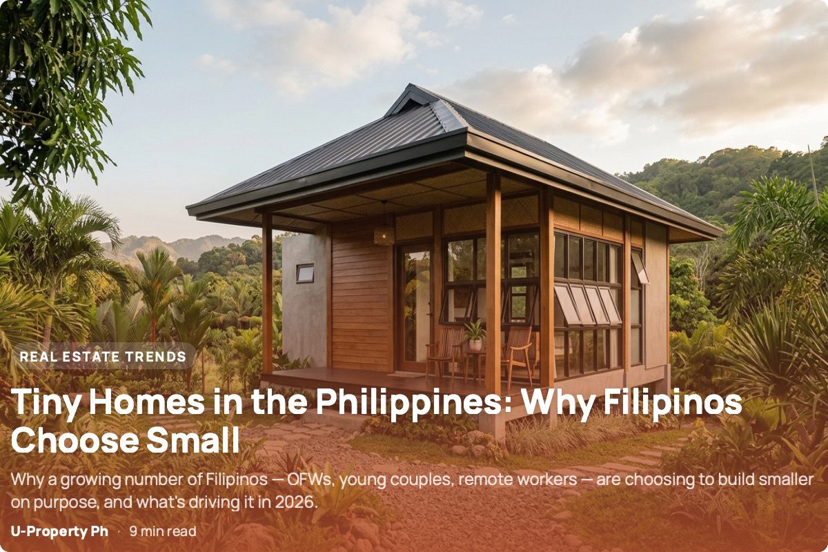 Contemporary Filipino tiny home in a tropical setting, inspired by traditional bahay kubo design with a raised structure, large windows, natural materials, and a covered veranda, illustrating the rise of intentional small-space living in the Philippines.
