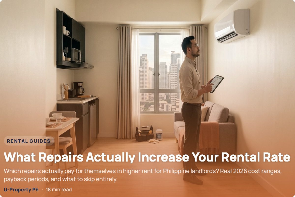 What Repairs Actually Increase Your Rental Rate in the Philippines 2 A property manager inspects for repair a professionally prepared Metro Manila condo studio, checking the split-type air conditioner during a rental turnover, with a clean, neutral interior and high-rise city views in the background.