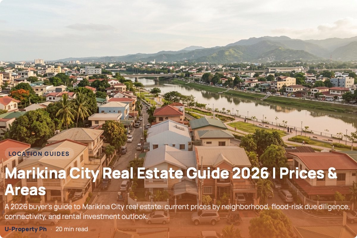 Elevated view of a Marikina City residential neighborhood with houses and townhouses in the foreground, the Marikina River and green river park in the middle distance, and the city and eastern foothills beyond, illustrating the city’s residential appeal and location-specific flood-risk considerations.