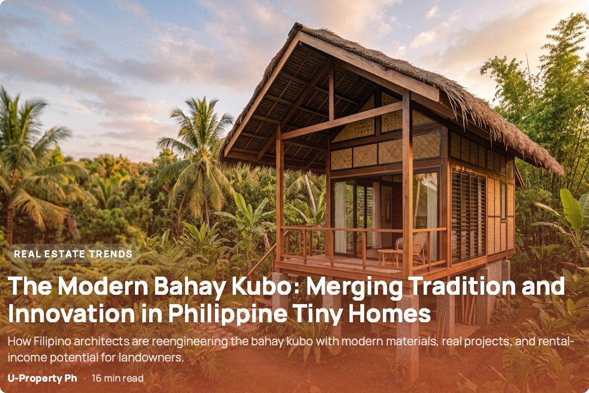 Contemporary Filipino bahay kubo elevated on concrete piers, combining reclaimed wood, woven amakan bamboo, glass jalousie windows, and a steep salakot-inspired roof with deep eaves in a lush tropical Philippine setting.