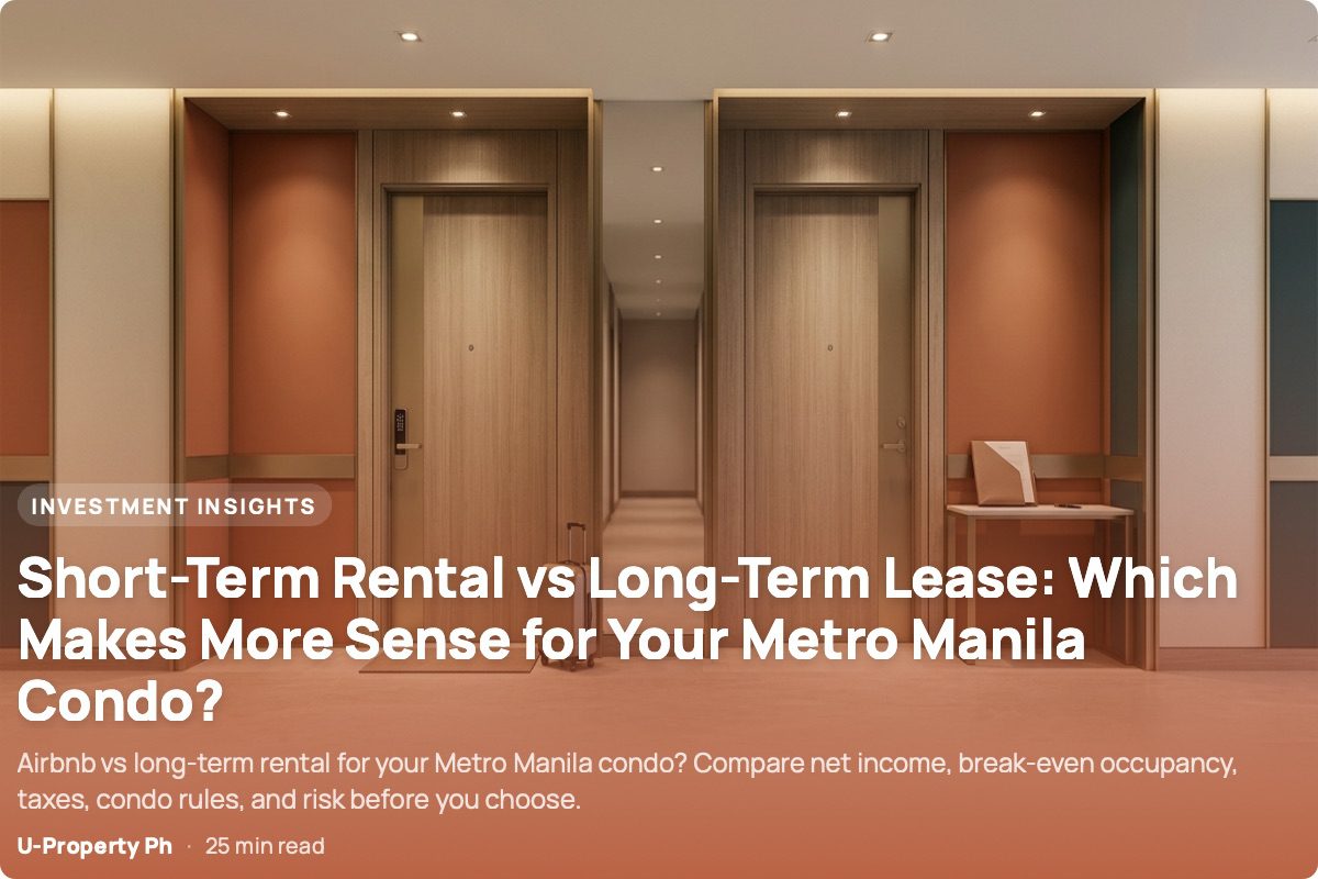 Modern Metro Manila condominium corridor showing two identical condo entrances representing short-term or airbnb and long-term rental models, with subtle travel and leasing cues and clean space at the bottom for text overlays.