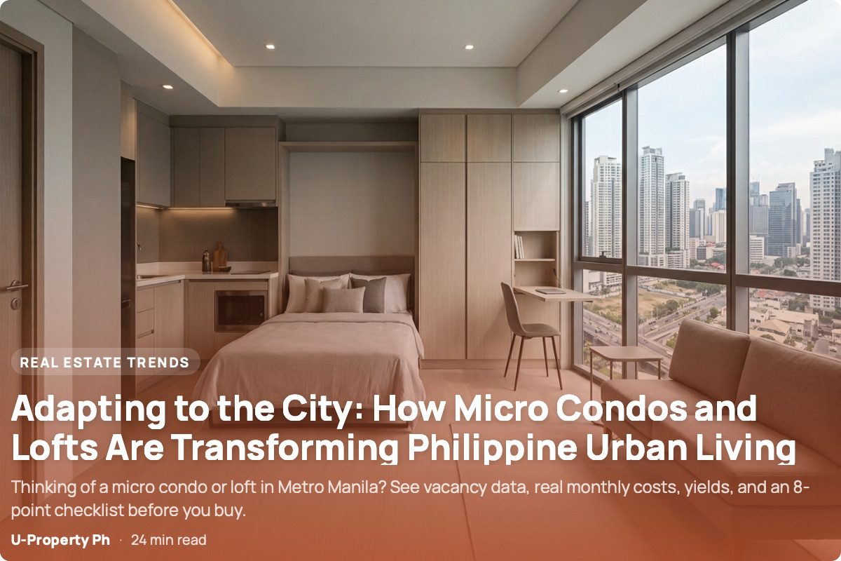 Photorealistic modern 22–24 sqm micro condo in Metro Manila with a compact bed, kitchenette, workspace, vertical storage, and floor-to-ceiling window overlooking the city skyline.