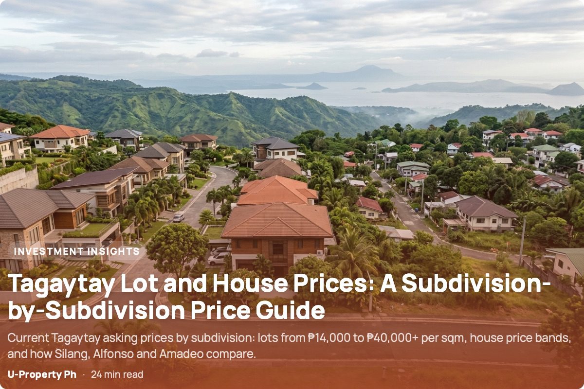 Photorealistic view of Tagaytay’s residential ridge showing contrasting premium priced and mid-market subdivisions, landscaped homes, rolling greenery, and a distant Taal Lake landscape.