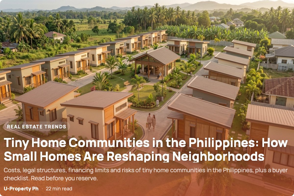 Photorealistic Philippine tiny home community with compact tropical houses arranged around a shared garden and communal pavilion in a provincial setting.