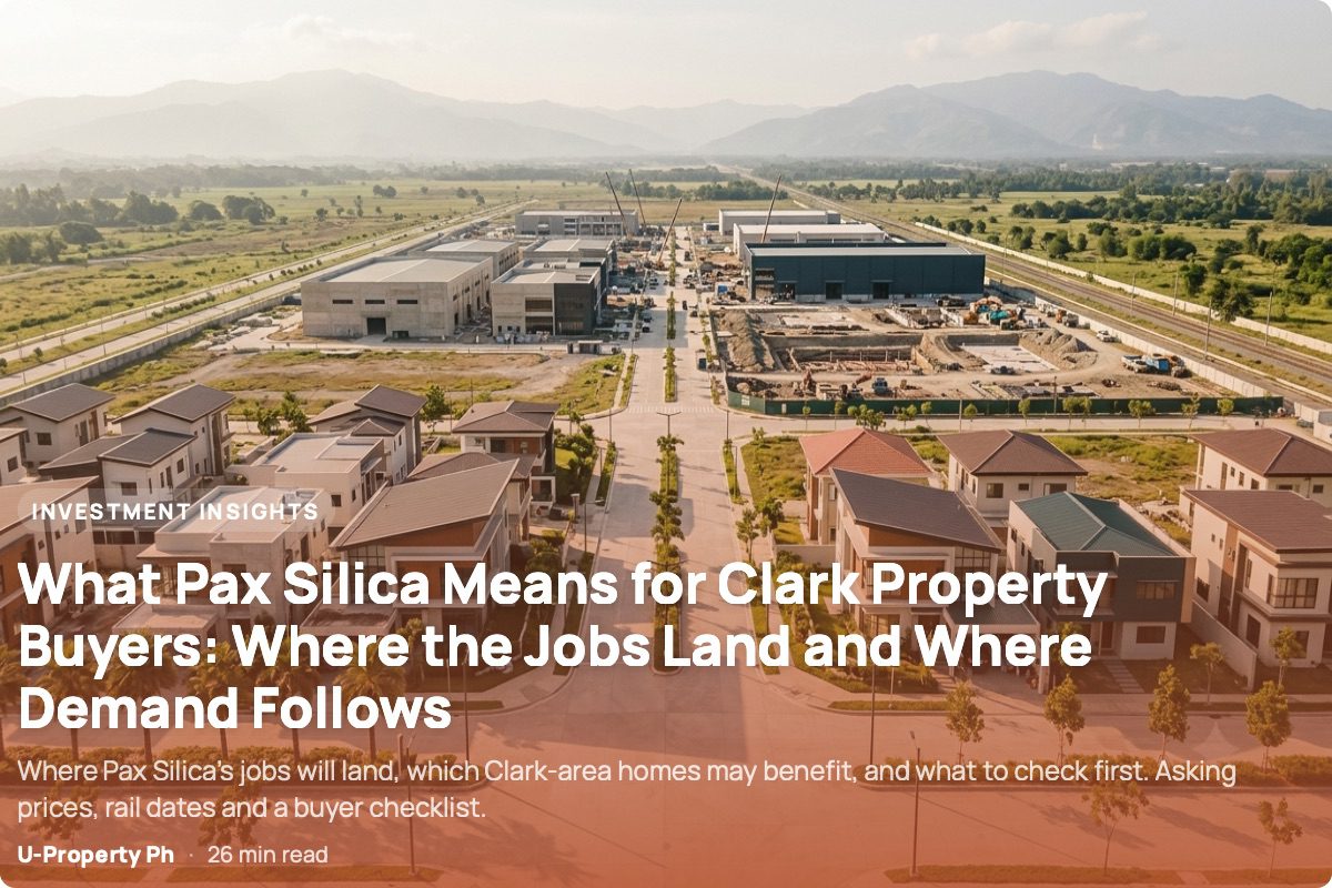 Photorealistic view of a developing residential neighborhood in New Clark City, Capas, Tarlac, with a modern industrial and advanced-manufacturing district emerging in the distance, illustrating the potential connection between future Pax Silica jobs, housing demand, and infrastructure.