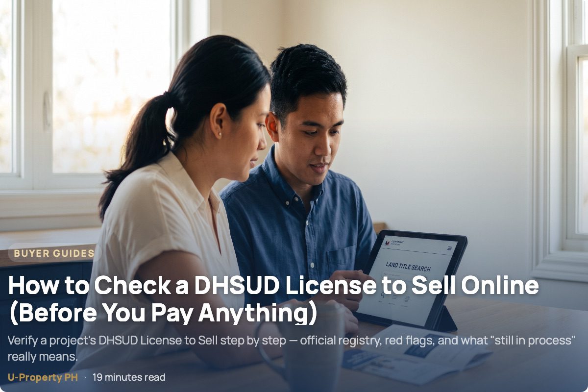 Couple reviewing a DHSUD License to Sell verification on a tablet before buying a pre-selling condo unit in the Philippines.